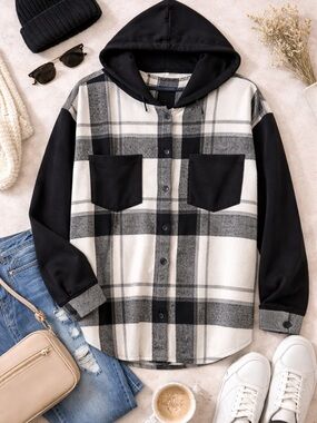 Womens Hooded Plaid Shacket Black White Gray Oversized Button Front XXL